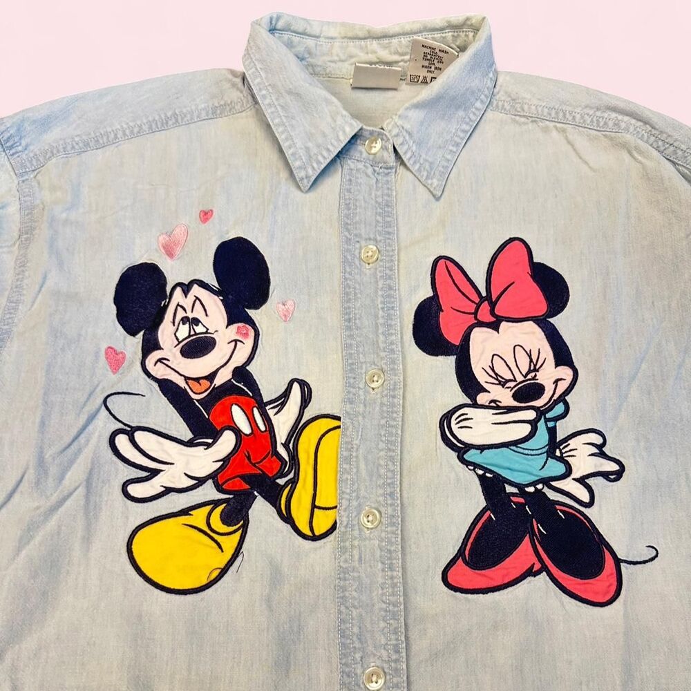 VTG XL 90s Mickey Mouse Minnie Mouse Denim Disney Long Sleeve Button Up shirt